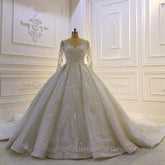 Luxury Long Ball Gown Lace Appliques Wedding Dresses with Sleeves